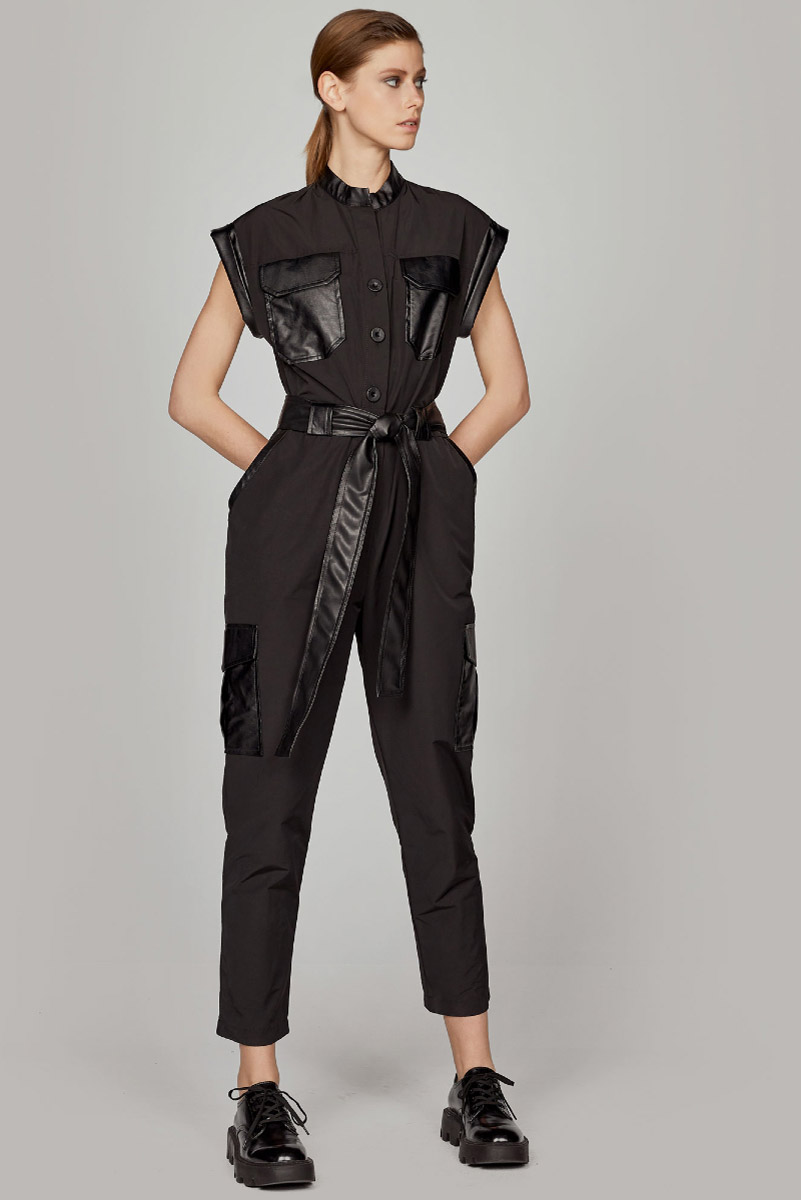 One-piece cargo suit with leather face details – W1-5508
